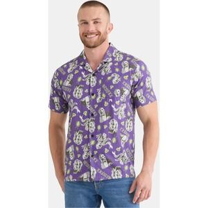 Beetlejuice Mens XS Purple All Over Print Button Down Short Sleeve Movie Shirt